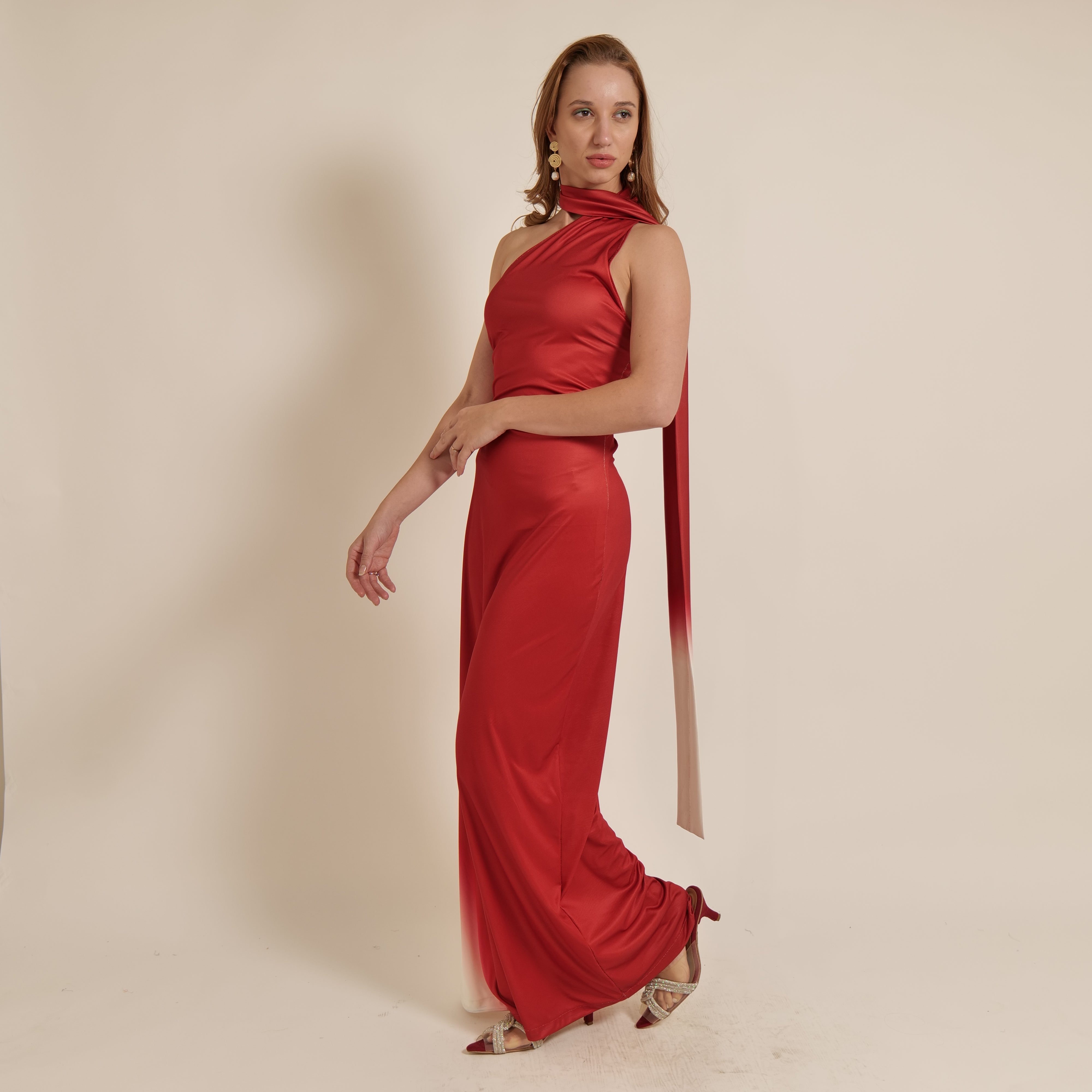 Red and White One Shoulder Silip Dress With Neck Strap