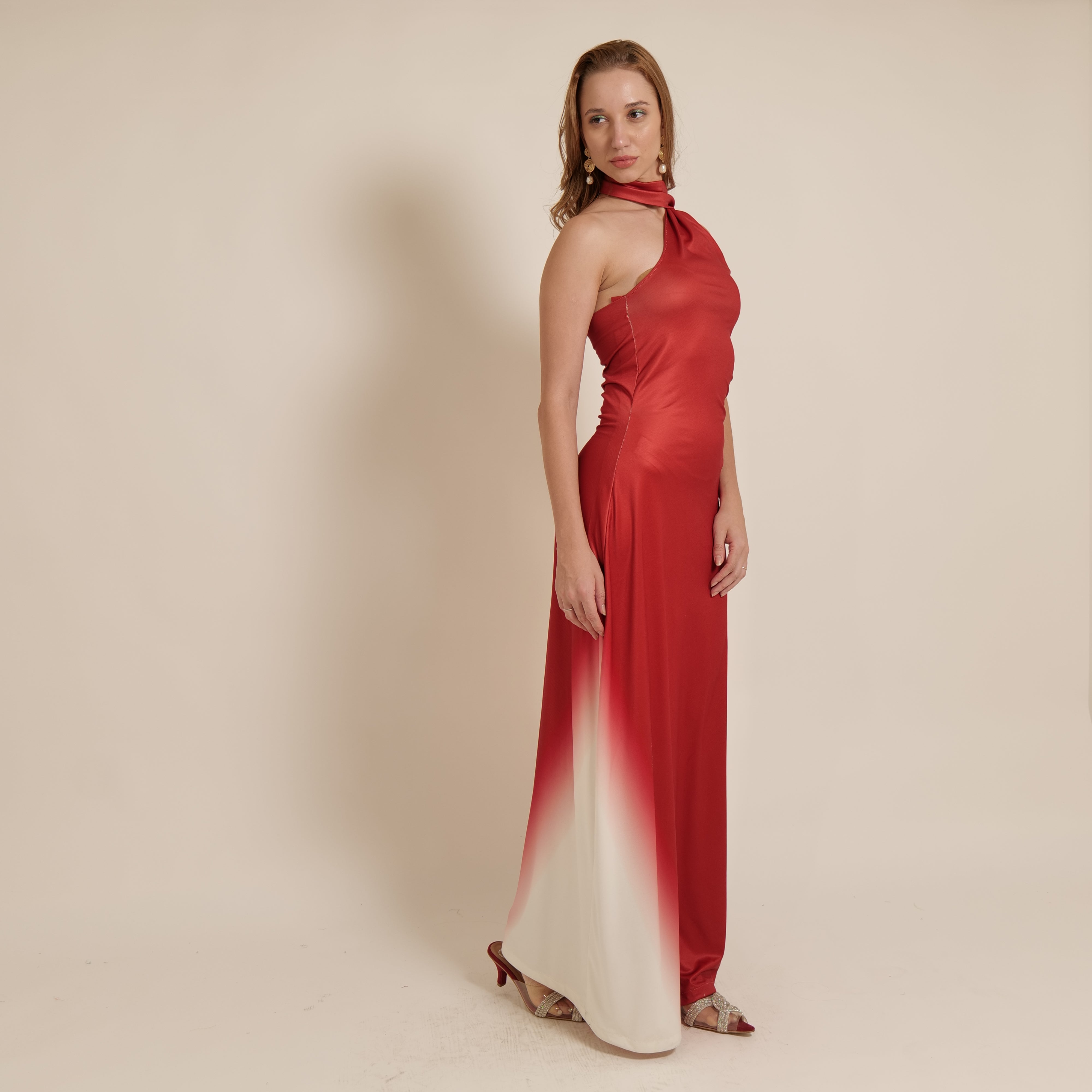 Red and White One Shoulder Silip Dress With Neck Strap