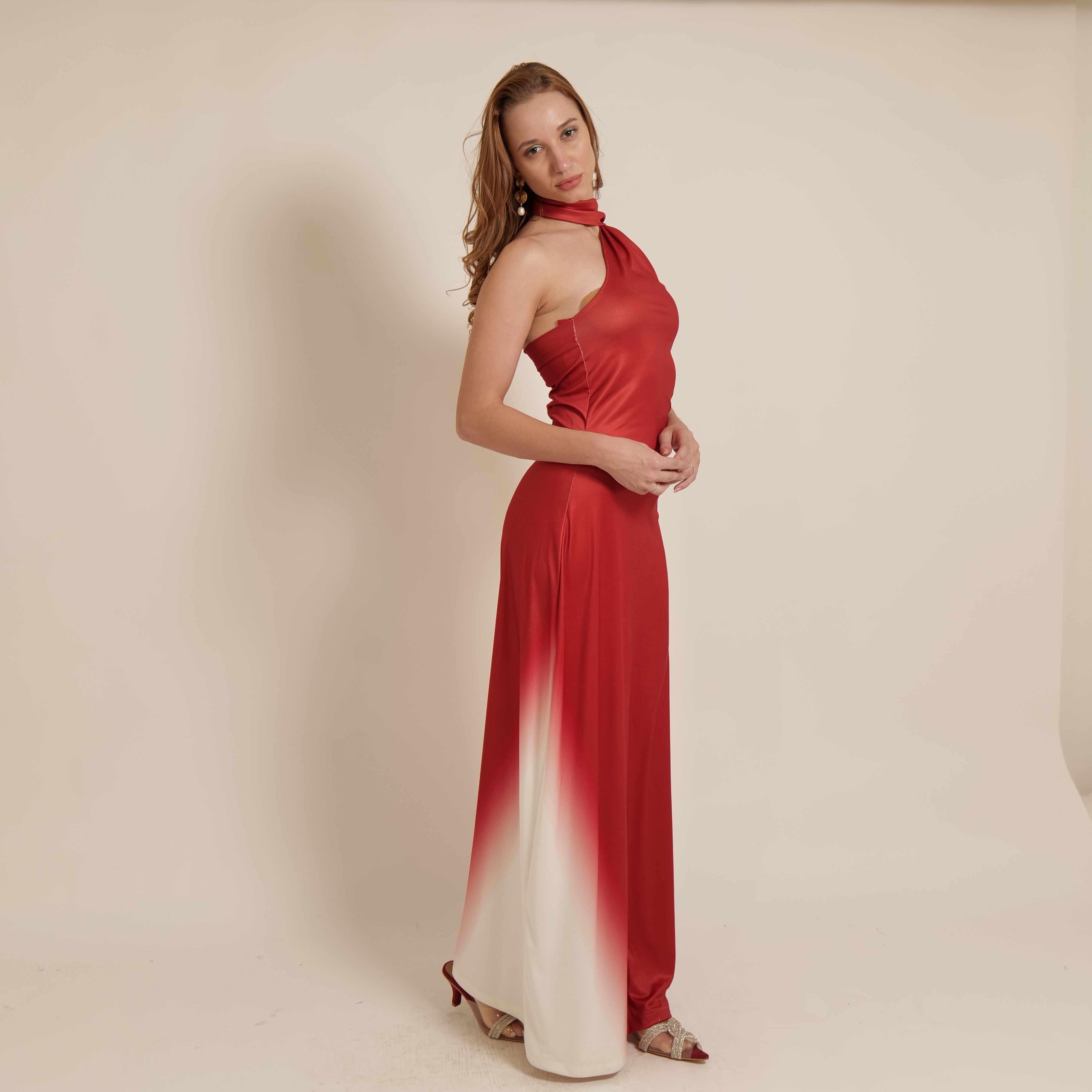 Red and White One Shoulder Silip Dress With Neck Strap