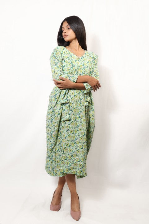 GREEN DRESS PUFF SLEEVE