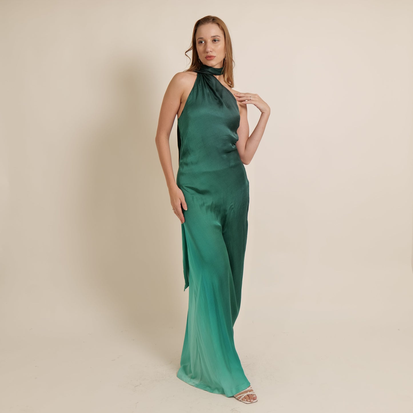 Green One Sholeder Slip Dress With Neck Strap