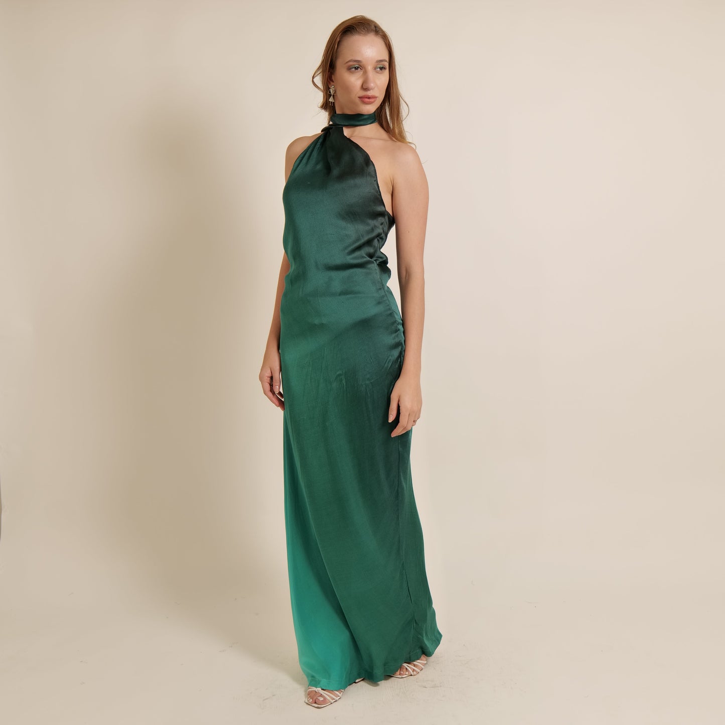 Green One Sholeder Slip Dress With Neck Strap